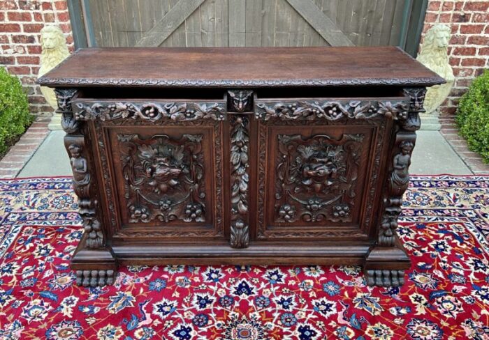 antique french server sideboard buffet cabinet oak dogs renaissance revival 19c 3389