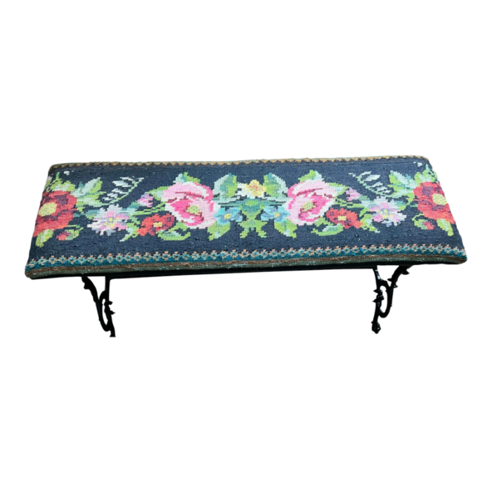 antique hand wrought iron kilim upholstered flowered bench 5560