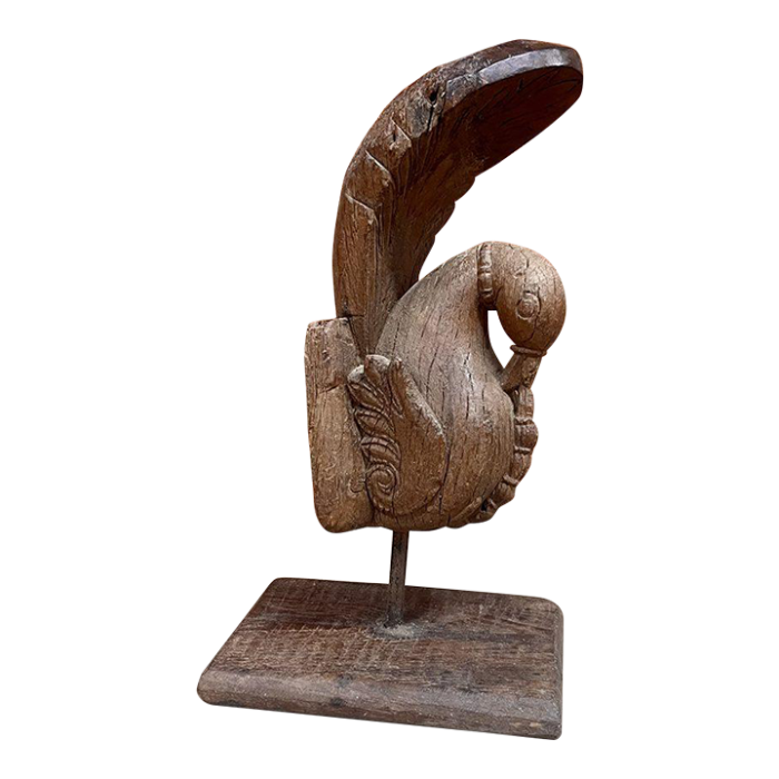 antique indian carved peacock on a wooden base 8298