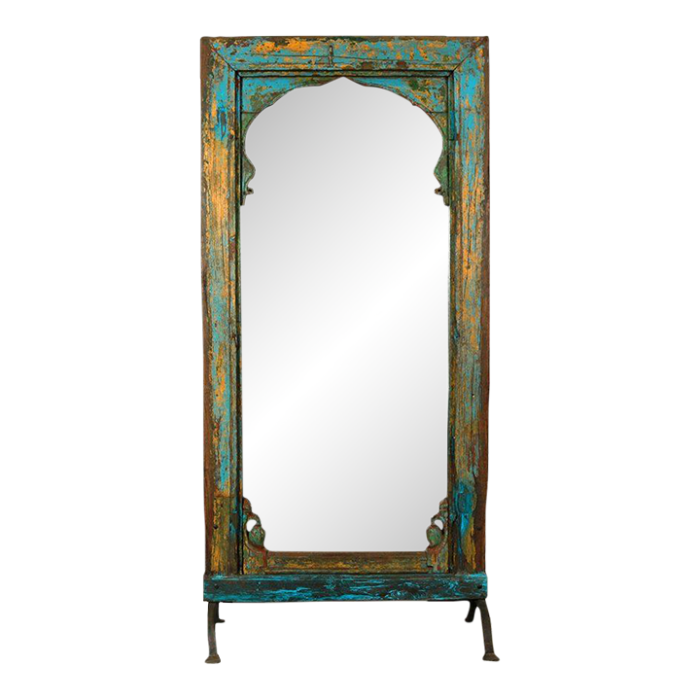 antique indian teakwood painted window frame mirror 6774