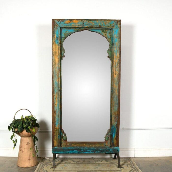 antique indian teakwood painted window frame mirror 9039