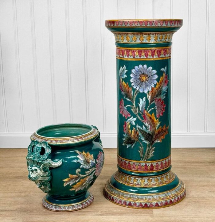 antique italian majolica pottery lions head jardiniere and pedestal 3985