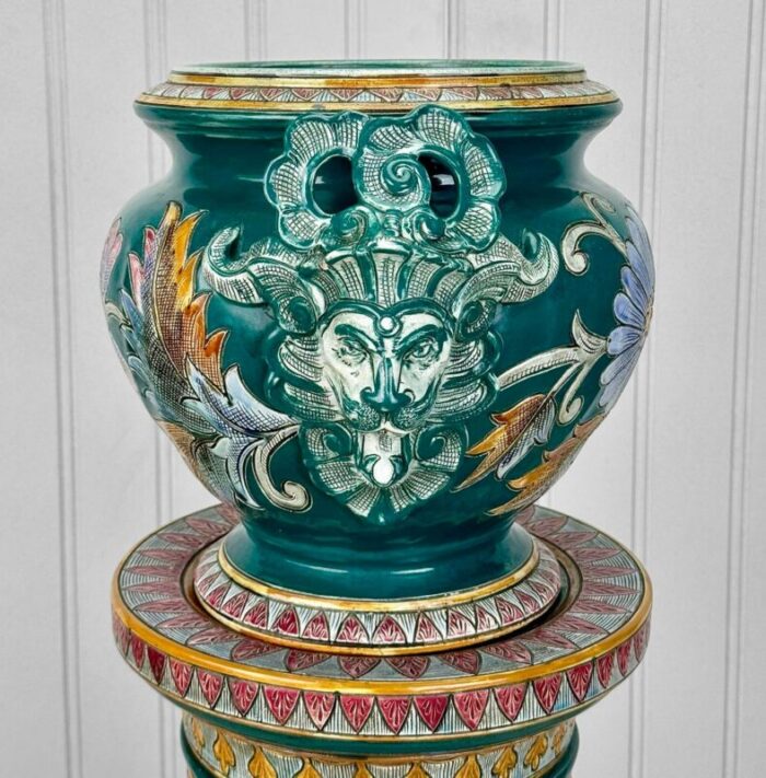 antique italian majolica pottery lions head jardiniere and pedestal 6623