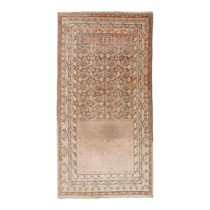 antique khotan wool rug handmade in peach color with geometric pattern 3686