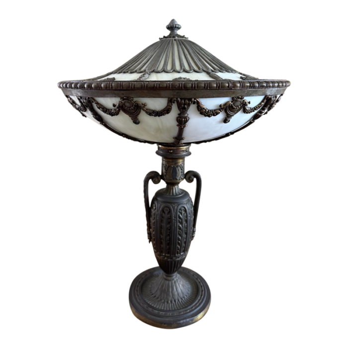 antique neoclassical table lamp white slag glass shade bradley hubbard tiffany style 6175