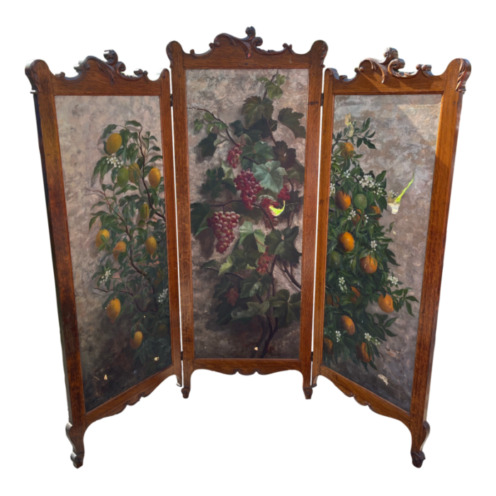 antique oak hand painted 3 panel screen 7162