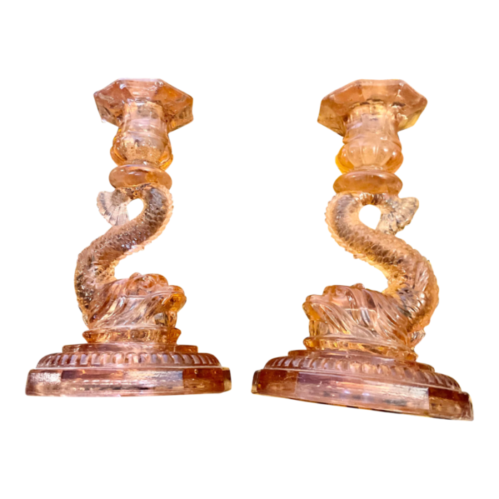 antique pink glass dolphin candlestickspr 2994