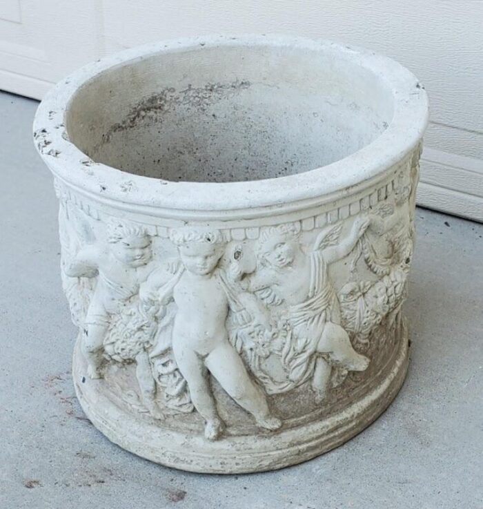 antique round white cement relief cherub planter 3909