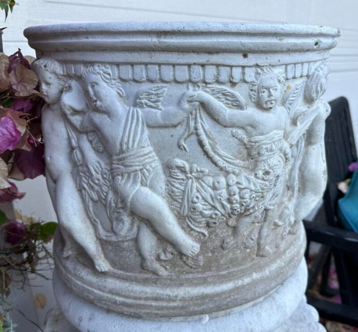 antique round white cement relief cherub planter 4268