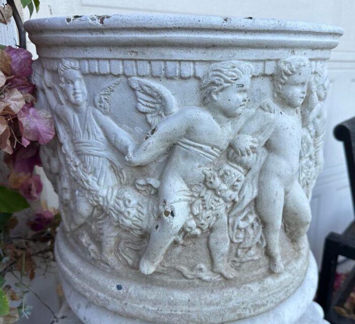 antique round white cement relief cherub planter 5458