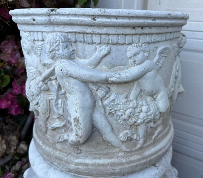 antique round white cement relief cherub planter 9816