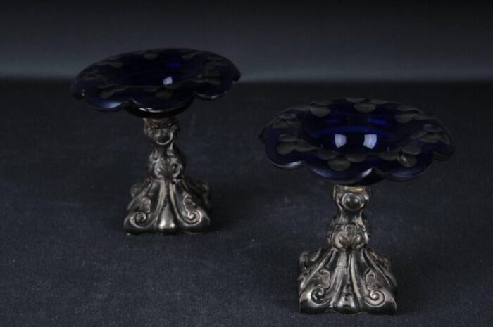 antique silver caviar bowls in blue glass set of 2 2