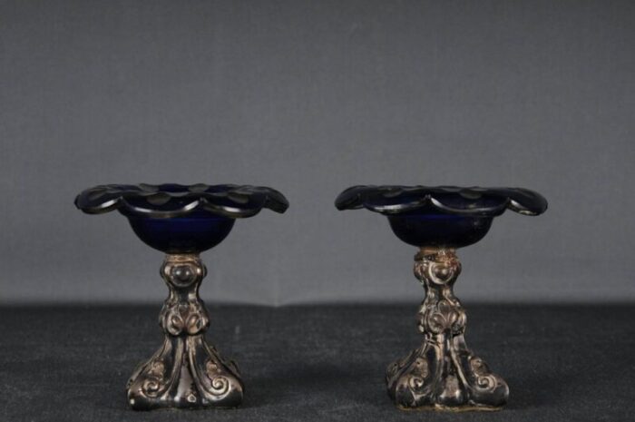 antique silver caviar bowls in blue glass set of 2 3