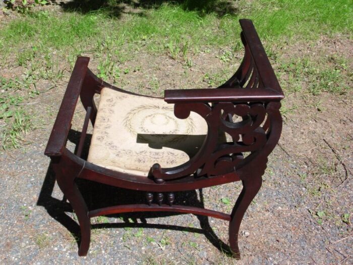 antique solid mahogany curule victorian photography chair needlepoint tapestry 0164