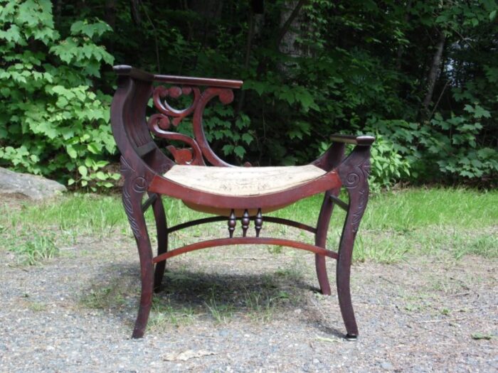 antique solid mahogany curule victorian photography chair needlepoint tapestry 4021