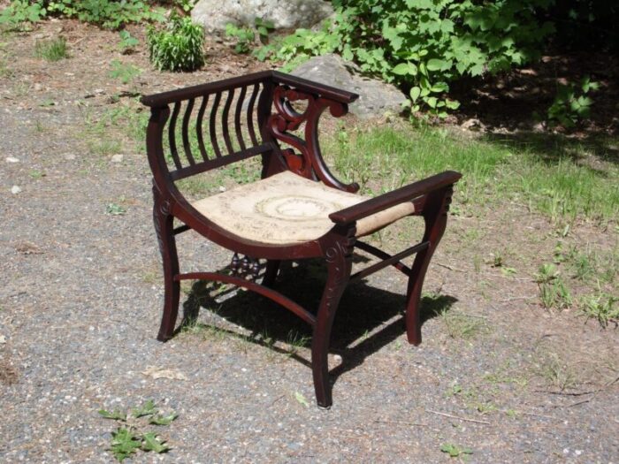 antique solid mahogany curule victorian photography chair needlepoint tapestry 5894