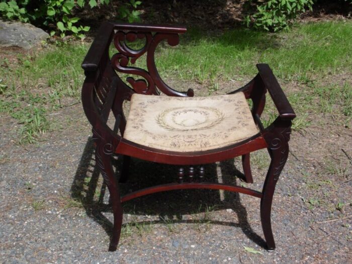 antique solid mahogany curule victorian photography chair needlepoint tapestry 7157