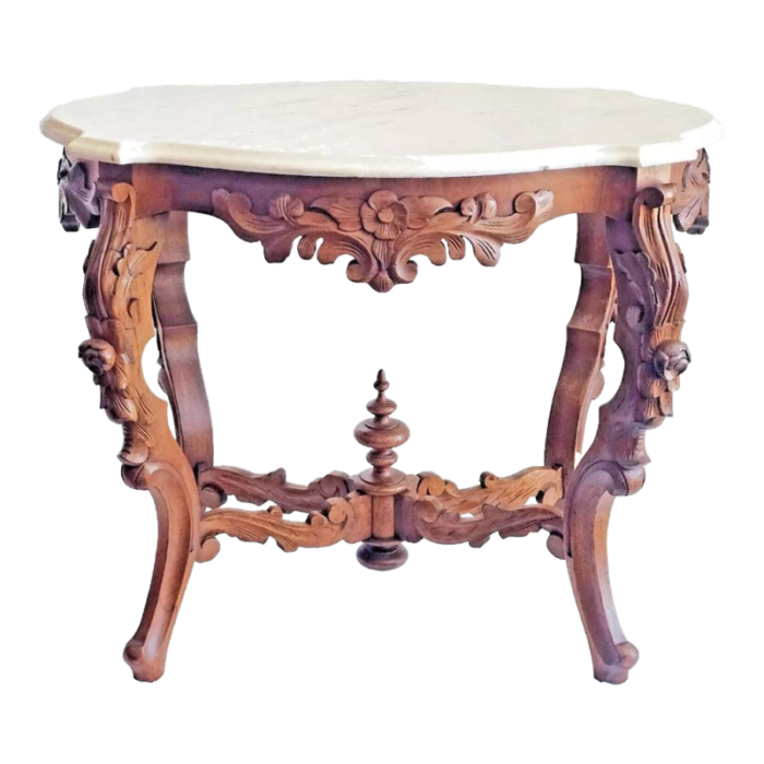 antique victorian 1880s white marble top rococo flower carved walnut parlor table 0300