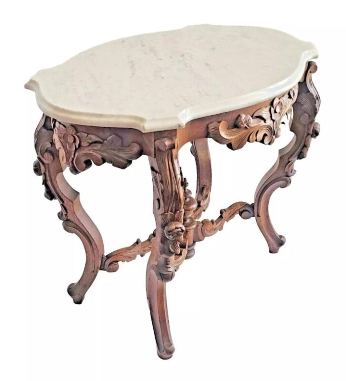 antique victorian 1880s white marble top rococo flower carved walnut parlor table 2223