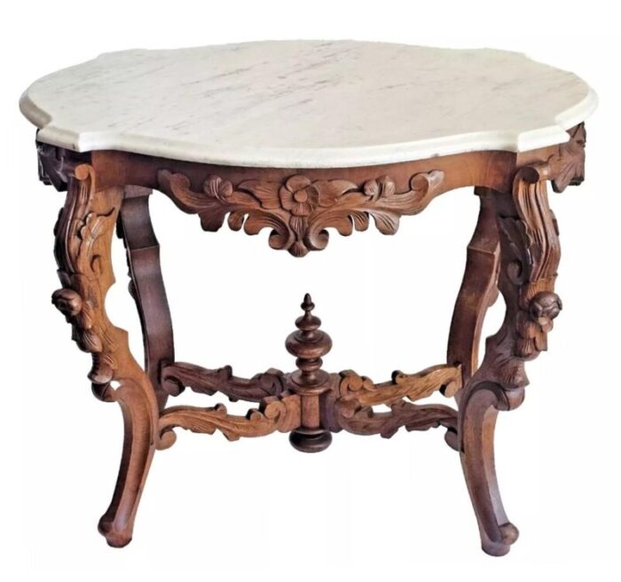 antique victorian 1880s white marble top rococo flower carved walnut parlor table 4096