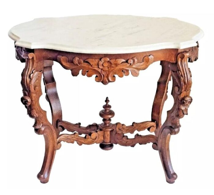 antique victorian 1880s white marble top rococo flower carved walnut parlor table 6569