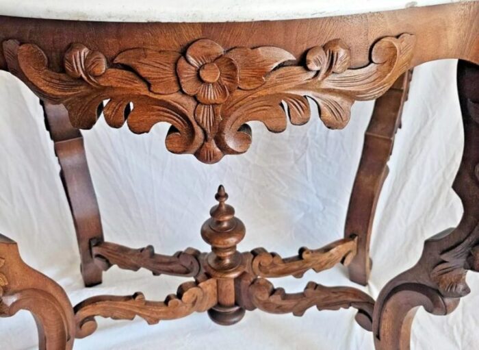 antique victorian 1880s white marble top rococo flower carved walnut parlor table 8543