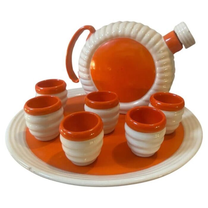 art deco orange and white ceramic rosolio service by rome umbertide 1930s set of 8 1