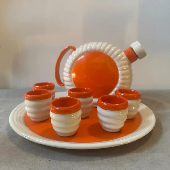 art deco orange and white ceramic rosolio service by rome umbertide 1930s set of 8 10