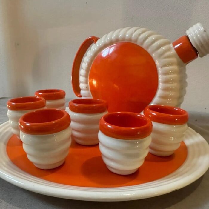 art deco orange and white ceramic rosolio service by rome umbertide 1930s set of 8 13