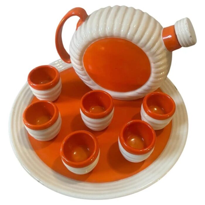 art deco orange and white ceramic rosolio service by rome umbertide 1930s set of 8 14