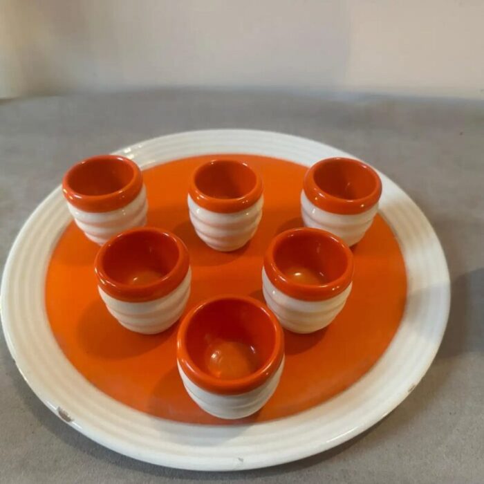 art deco orange and white ceramic rosolio service by rome umbertide 1930s set of 8 3