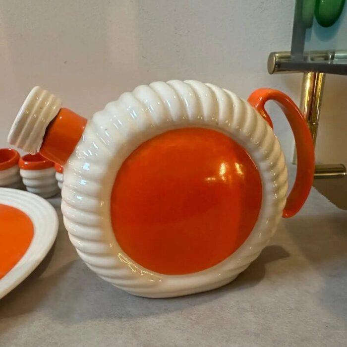 art deco orange and white ceramic rosolio service by rome umbertide 1930s set of 8 5