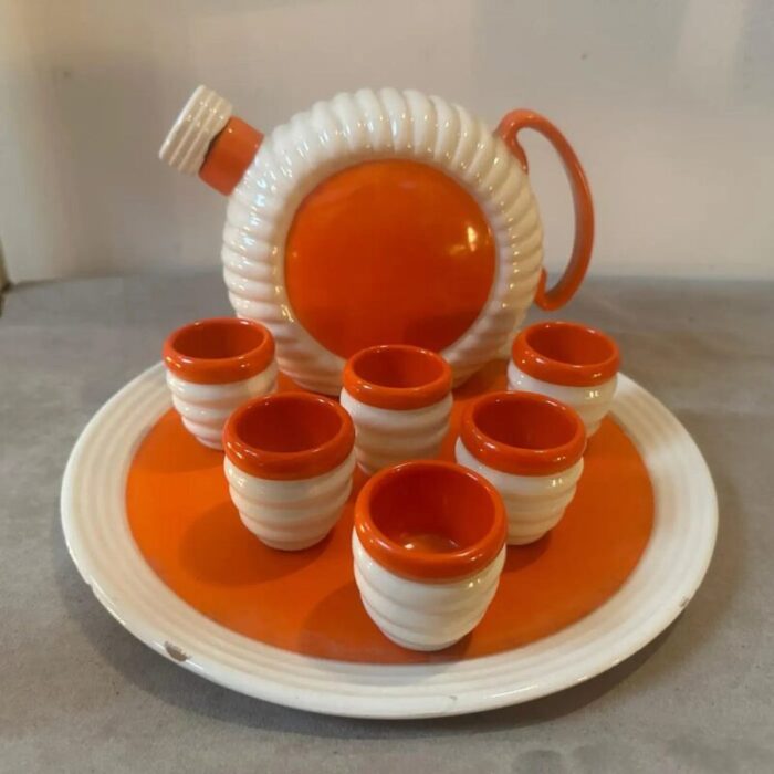 art deco orange and white ceramic rosolio service by rome umbertide 1930s set of 8 8