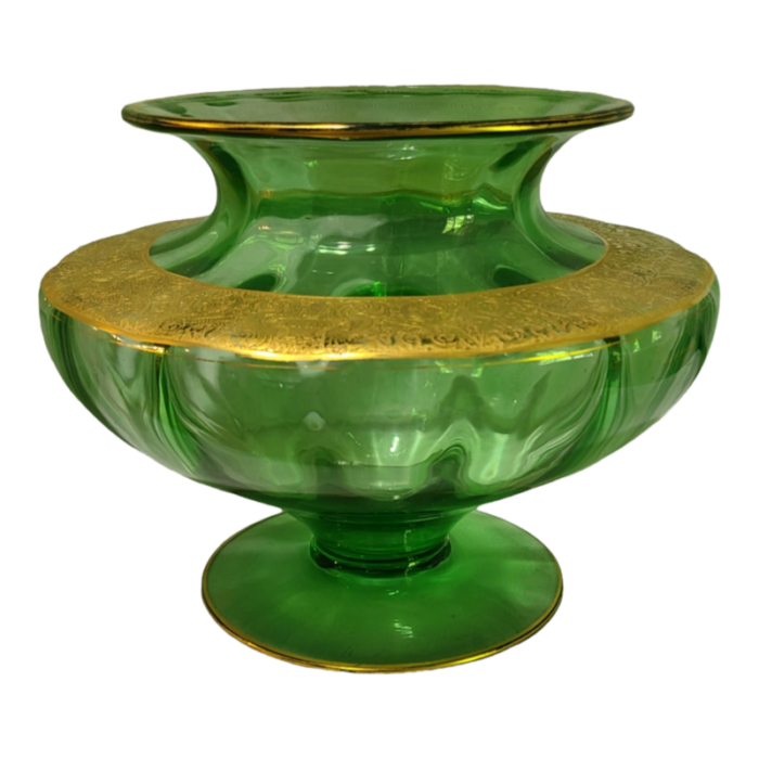 art deco vintage green tiffin glass gilded neo classical motif center piece vase 3563