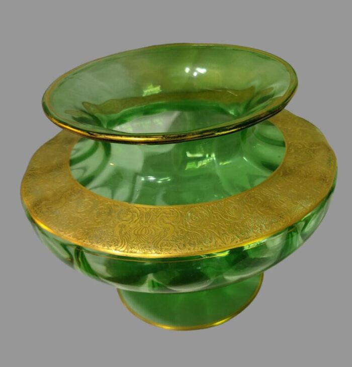 art deco vintage green tiffin glass gilded neo classical motif center piece vase 3942