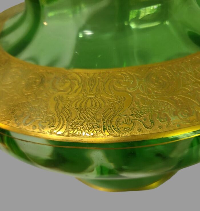 art deco vintage green tiffin glass gilded neo classical motif center piece vase 9257