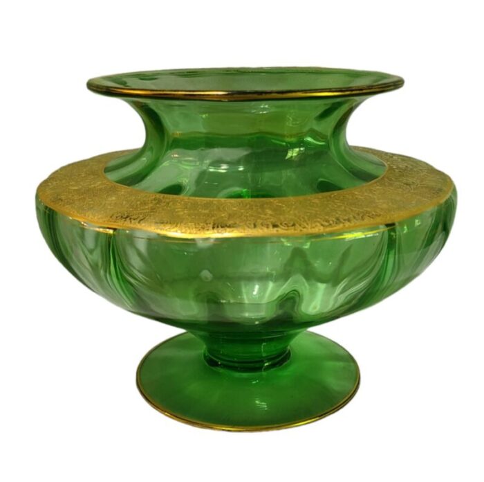 art deco vintage green tiffin glass gilded neo classical motif center piece vase 9492