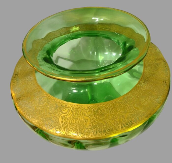 art deco vintage green tiffin glass gilded neo classical motif center piece vase 9795