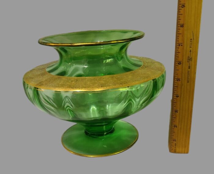 art deco vintage green tiffin glass gilded neo classical motif center piece vase 9992