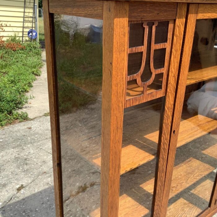 arts and crafts antique tiger oak china cabinet 0267