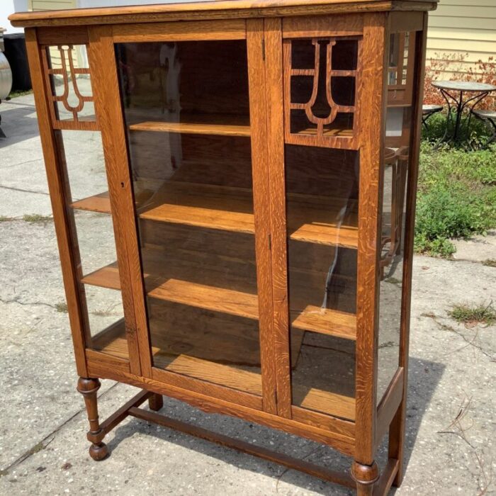 arts and crafts antique tiger oak china cabinet 0554