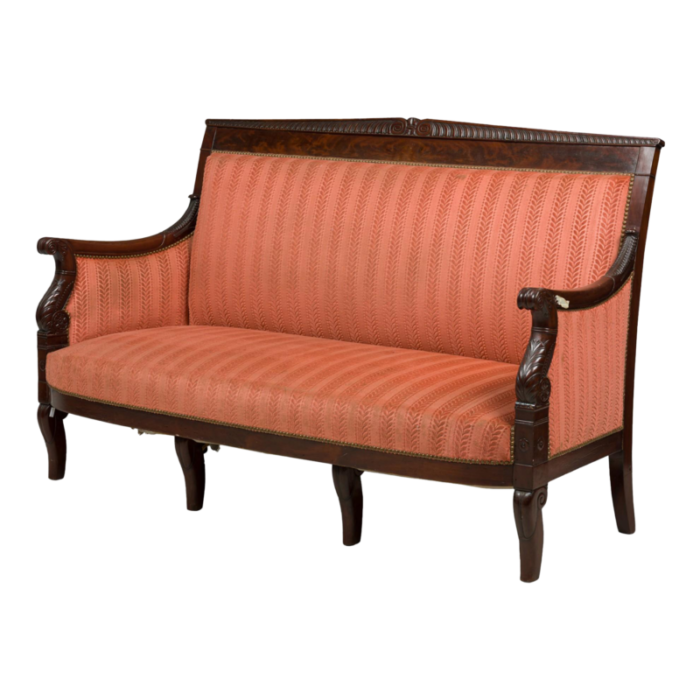 bellanger french empire mahogany pink and red stripe upholstered settee 5816