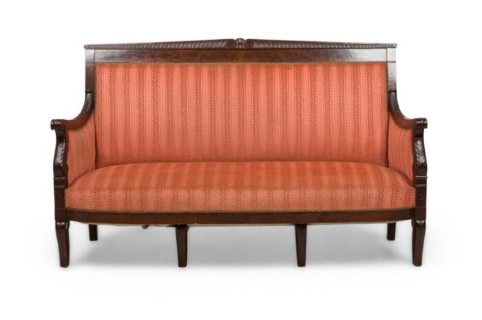 bellanger french empire mahogany pink and red stripe upholstered settee 7428