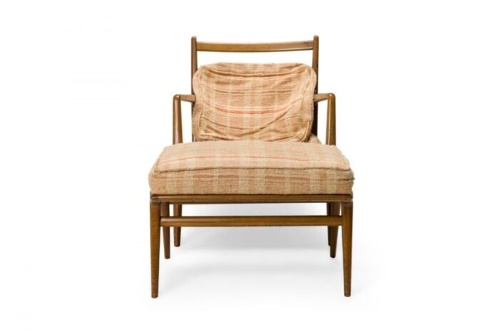 bertha schaefer for singer and sons mid century beige plaid and walnut lounge chair and footstool 1081