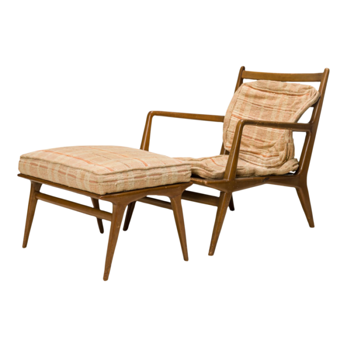 bertha schaefer for singer and sons mid century beige plaid and walnut lounge chair and footstool 7980