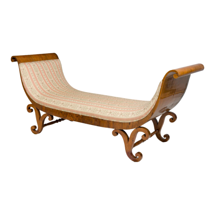 biedermeier mahogany veneer pink and pale green damask upholstered chaise 4985