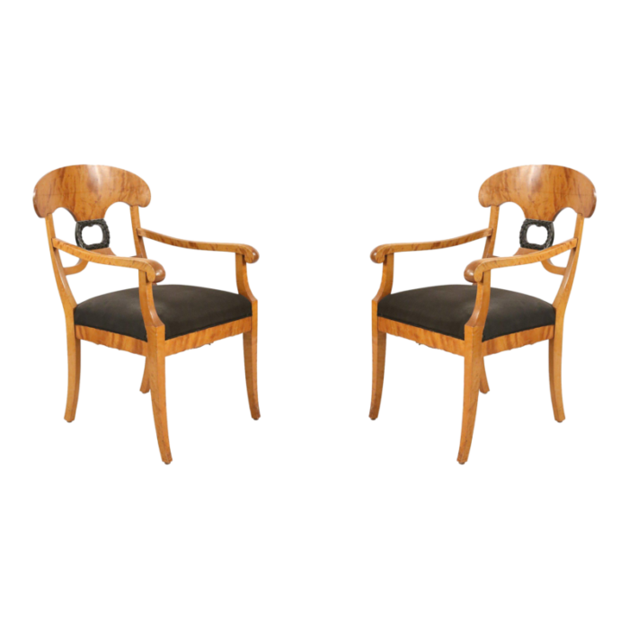 biedermeier style wood and black upholstery dining armchairs a pair 0726