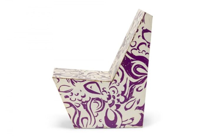 bill bell american mid century white and purple psychedelic patterned painted plywood side chair 4674