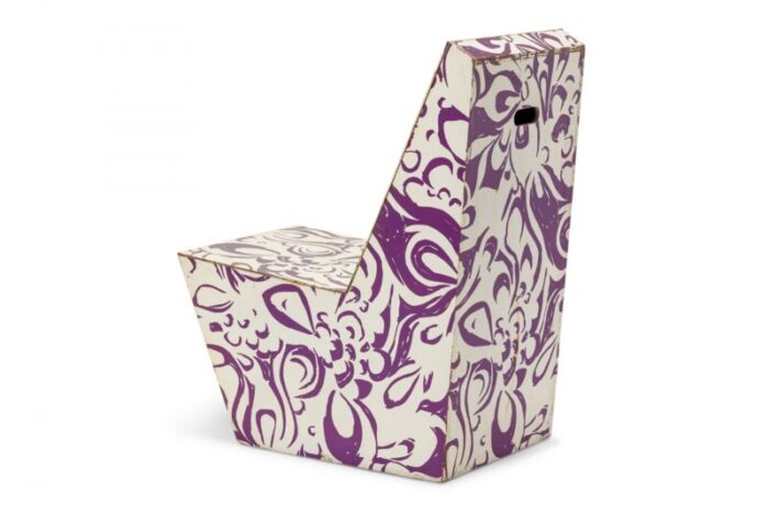 bill bell american mid century white and purple psychedelic patterned painted plywood side chair 5883