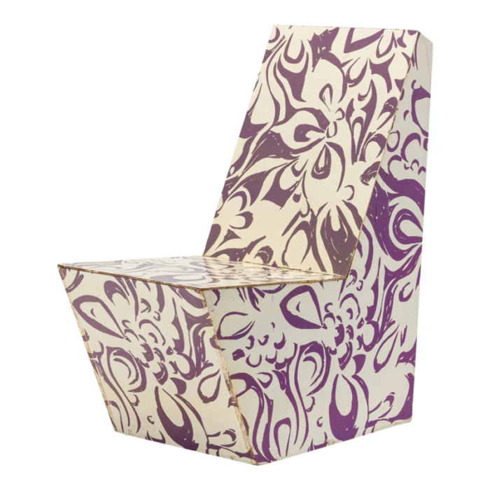 bill bell american mid century white and purple psychedelic patterned painted plywood side chair 9310